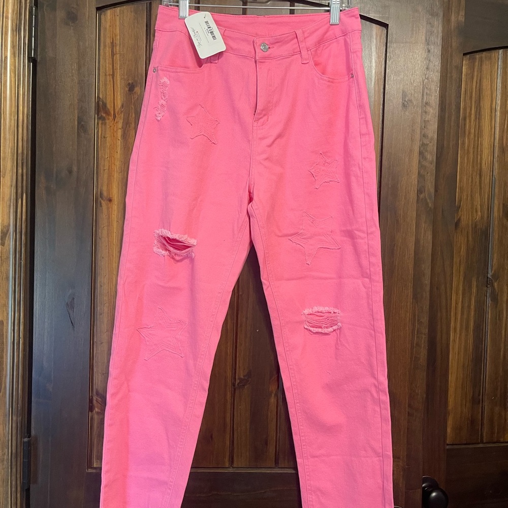 Women’s Pink Straight Leg Jeans with Star Distressed Detail